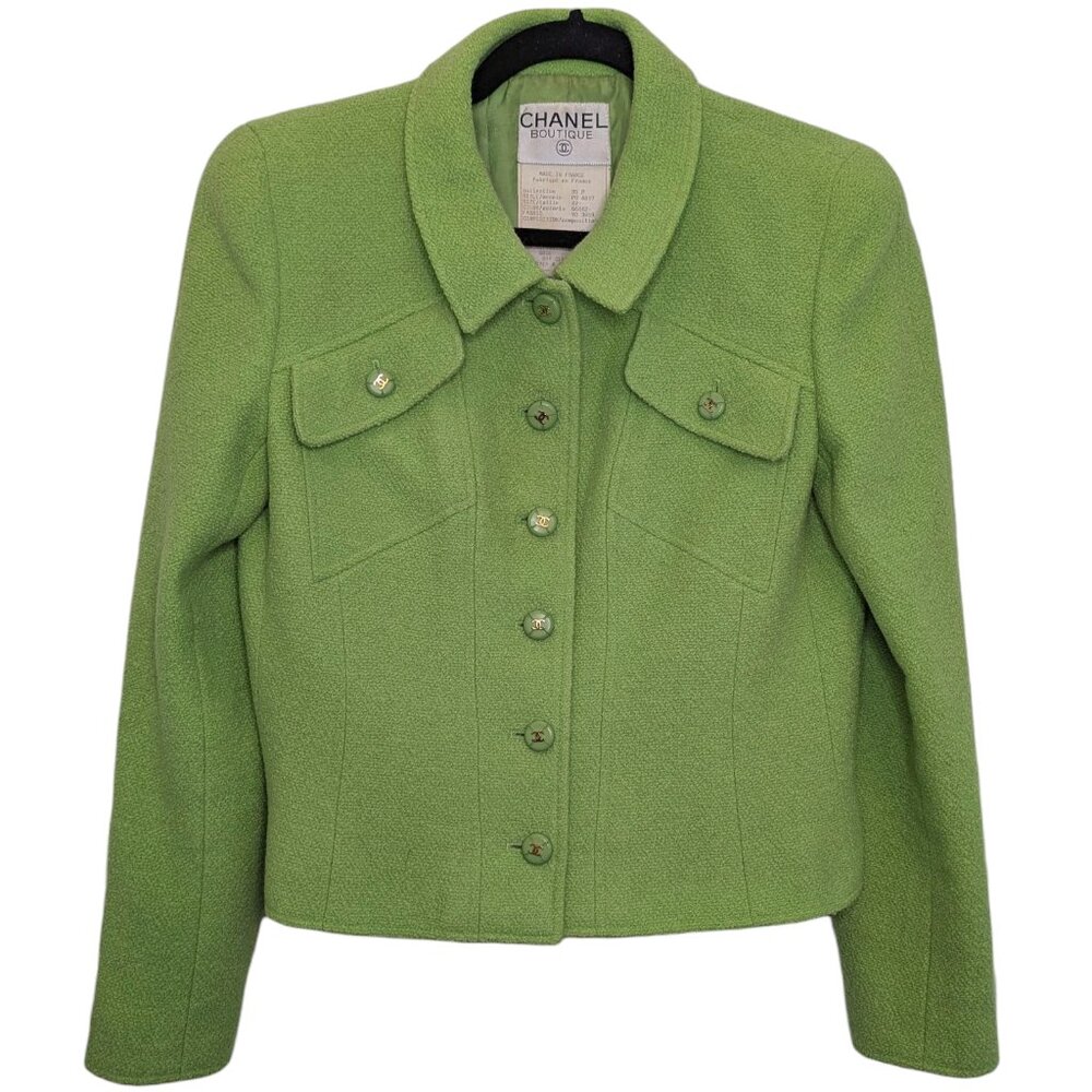 Chanel Vintage Lime Green Wool Short Jacket 95P Spring 1995 FR42 S M 6 8 RARE